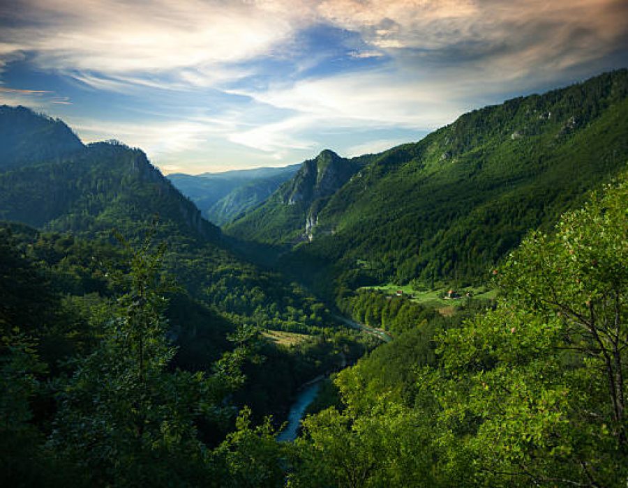 Sunset over Tara river canyon - second biggest canyon in the world and the biggest one in Europe in the Durmitor national park, Montenegro.